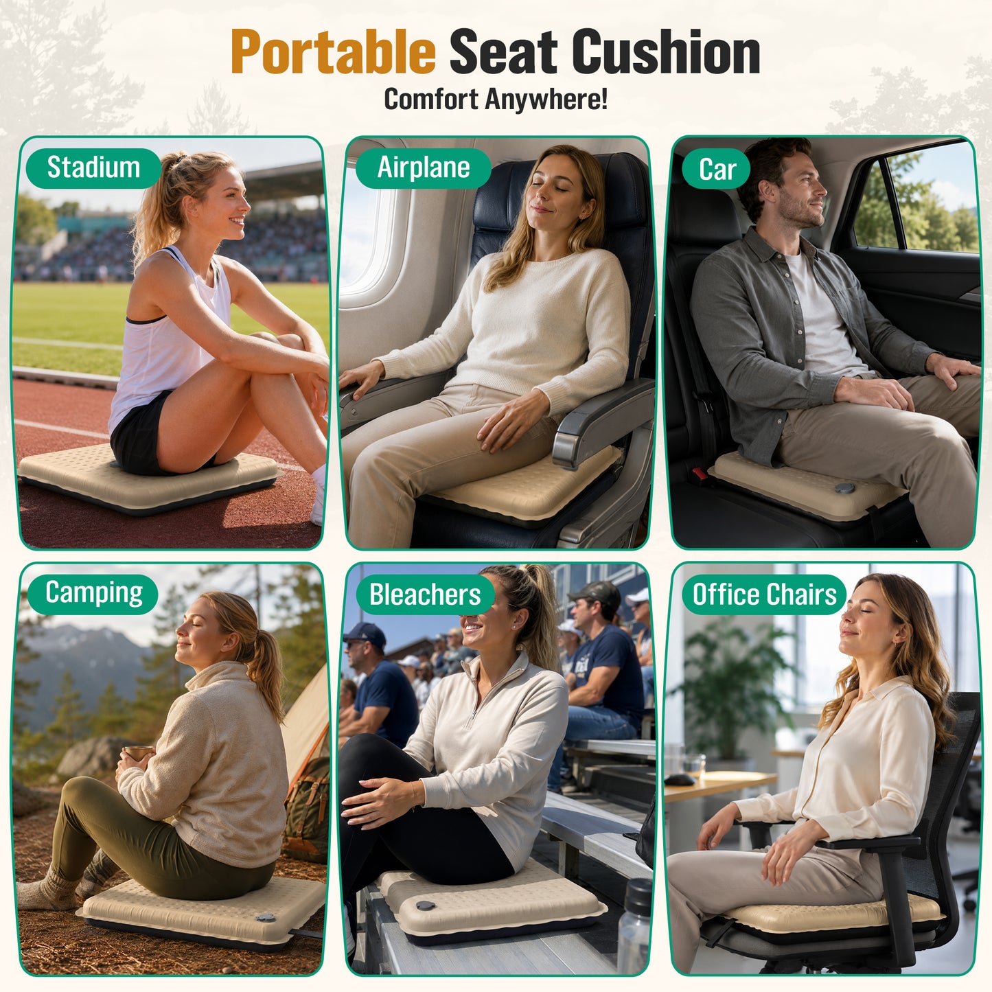 BNISE Inflatable Seat Cushion, 2” Self Inflating Memory Foam Pad with Air Valve, Waterproof Non-Slip Portable Cushion for Camping Airplane Travel Stadium Office