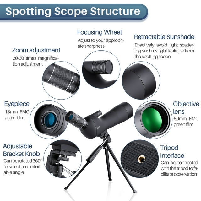 BNISE Spotting Scope for Bird Watching, 20-60x60 Zoom, Waterproof, FMC Coated Optical Lens, for Target Shooting Outdoor Activities, with a Tripod, Phone Adapter,Camera Adapter