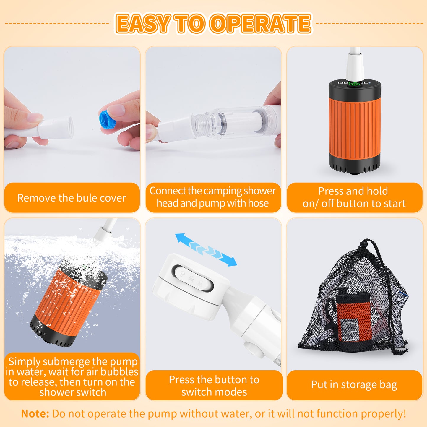 BNISE Portable Camping Shower, 6000mAh Rechargeable Shower Pump with Intelligent LED Display, 3 Spray Modes IPX7 Waterproof for Hiking Travel Pet Car