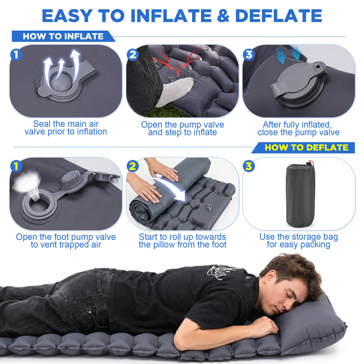 BNISE Sleeping Pad for Camping, 330 lbs Capacity, 27" Extra Wide, Built-in Foot Pump & 5" Pillow, Camping Pad for Hiking, Backpacking & Travel