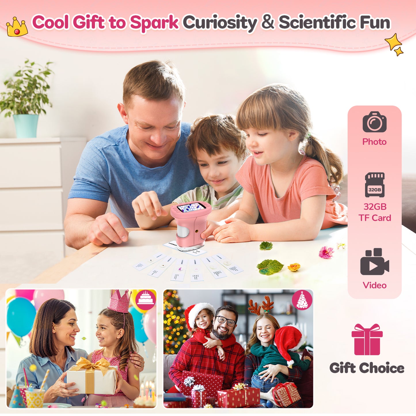 Handheld Microscope for Kids with 2.4" Large Screen, STEM Science Toy Digital Microscope for Boys and Girls Edu Science Kit Gift for Kids-Pink