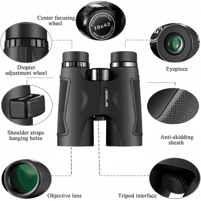 BNISE Binoculars for Adult Compact, 10X42 HD Professional, BAK4 Prism FMC Lens, Suitable for Outdoor Travel, for Bird Watching, for Hunting, with Smartphone Adapter, Neck Strap, Portable Backpack