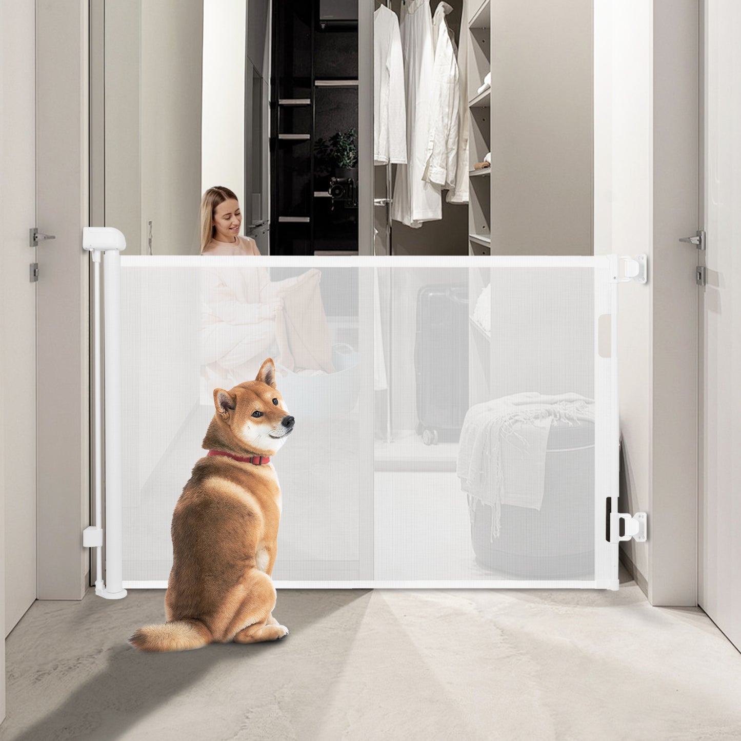 Upgrade 55" Retractable Baby Gate for Stairs, 33" Tall Mesh Baby Gate or Mesh Dog Gate Safety Gate for Doorways, Stairs, Hallways, Indoor/Outdoor(White)