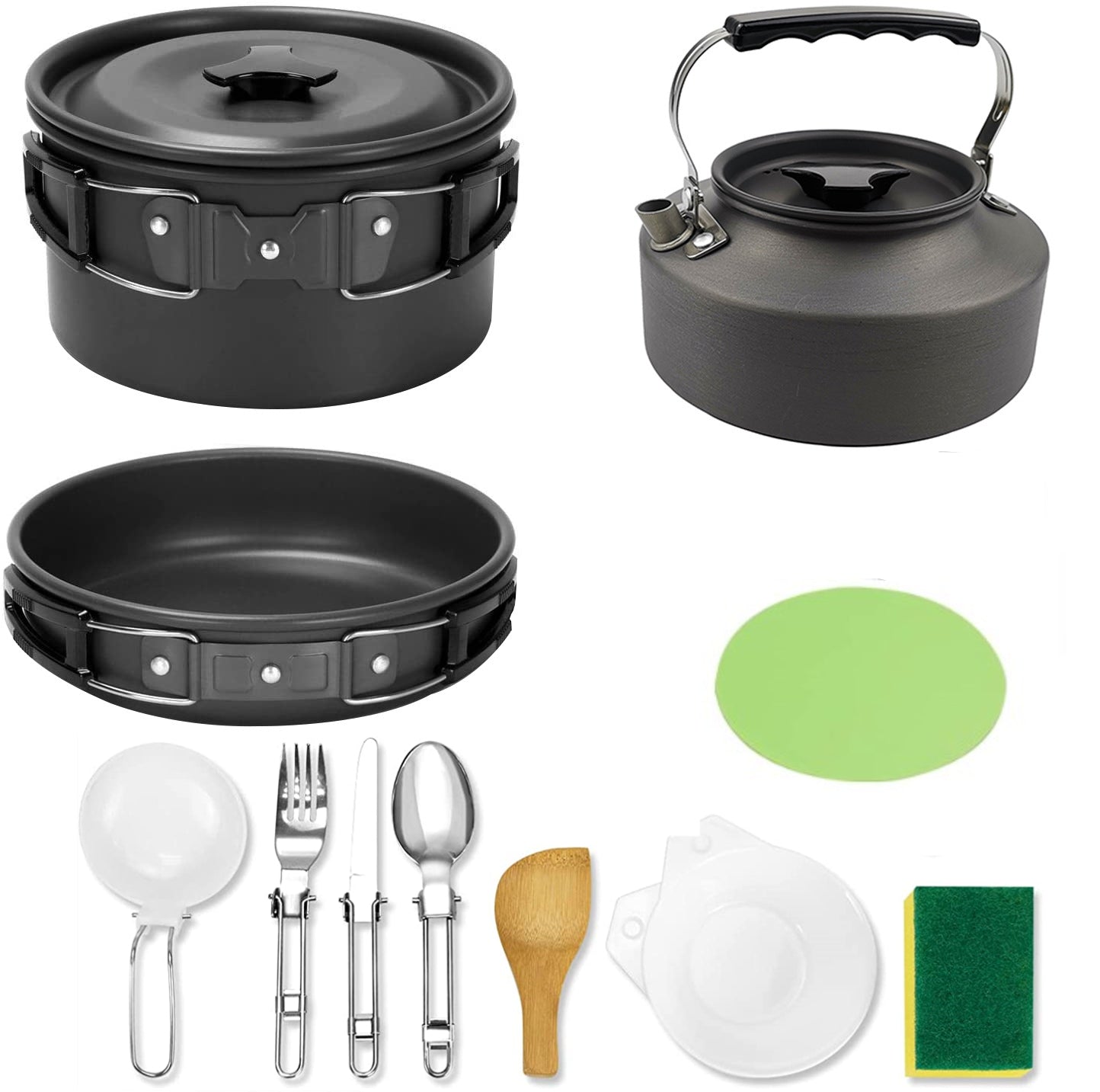 Camping Cookware Mess Kit, Non-Stick Lightweight Pot Pan Kettle Set for Camping, Backpacking, Outdoor Cooking and Picnic