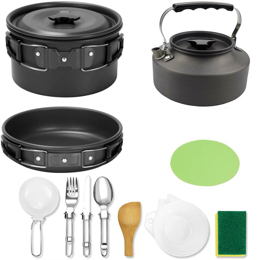 Camping Cookware Mess Kit, Non-Stick Lightweight Pot Pan Kettle Set for Camping, Backpacking, Outdoor Cooking and Picnic