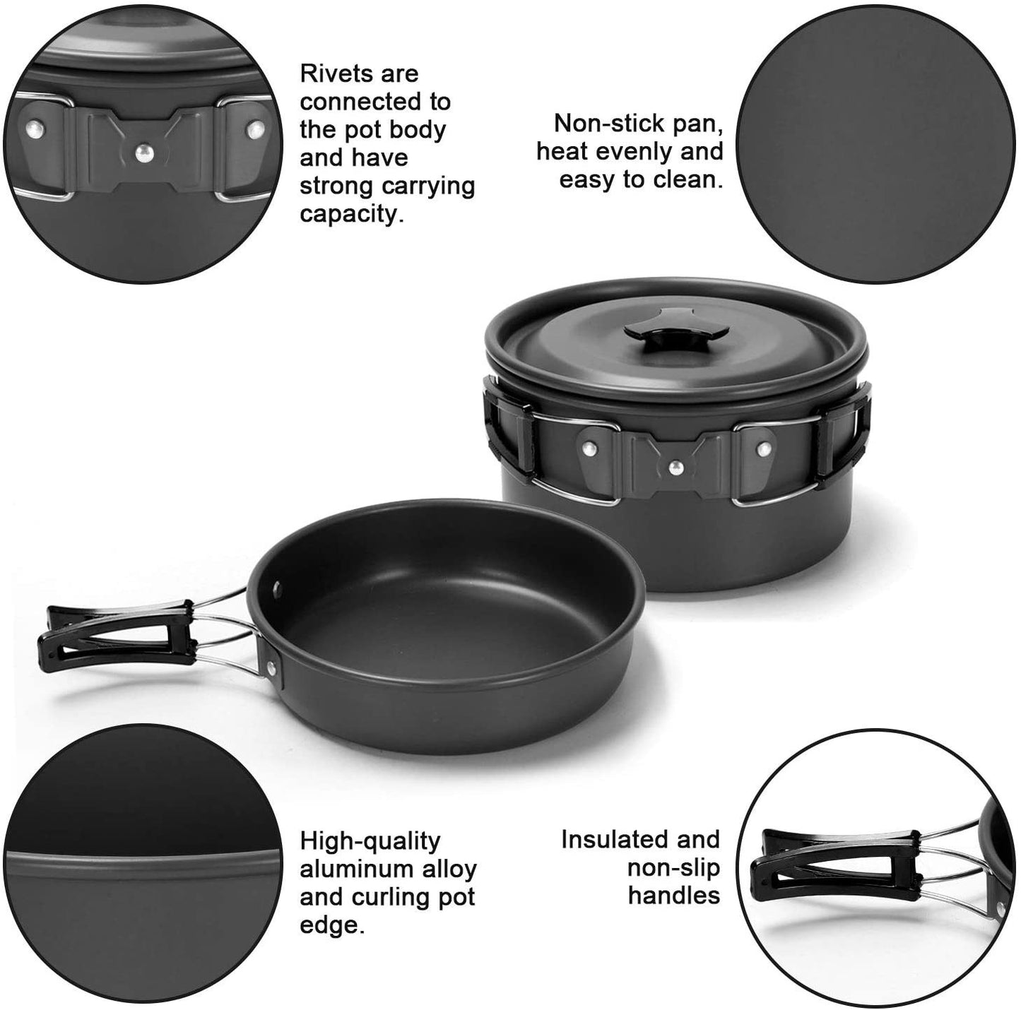 Camping Cookware Mess Kit, Non-Stick Lightweight Pot Pan Kettle Set for Camping, Backpacking, Outdoor Cooking and Picnic