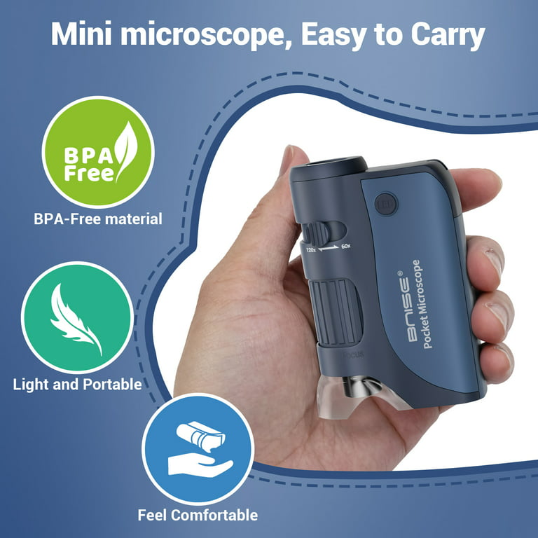 Pocket Microscope, 60x-120x Handheld Mini Microscope with LED Lights, 5 Slides Specimens, Portable Microscope for Kids Students Adults Microbiological Observation Lab Study, Educational Science Kit