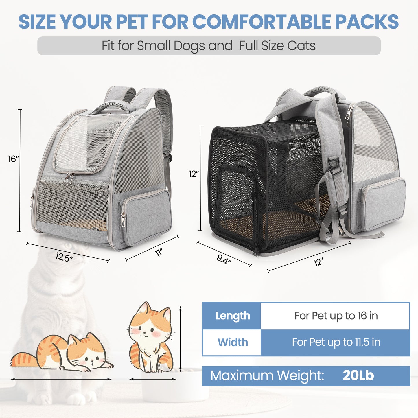 Large Cat Backpack Carrier Expandable Pet Carrier Backpack for Small Dogs Medium Cats Fit Up to 20 Lbs, Dog Backpack Carrier, Foldable Puppy Backpack Carrier for Travel
