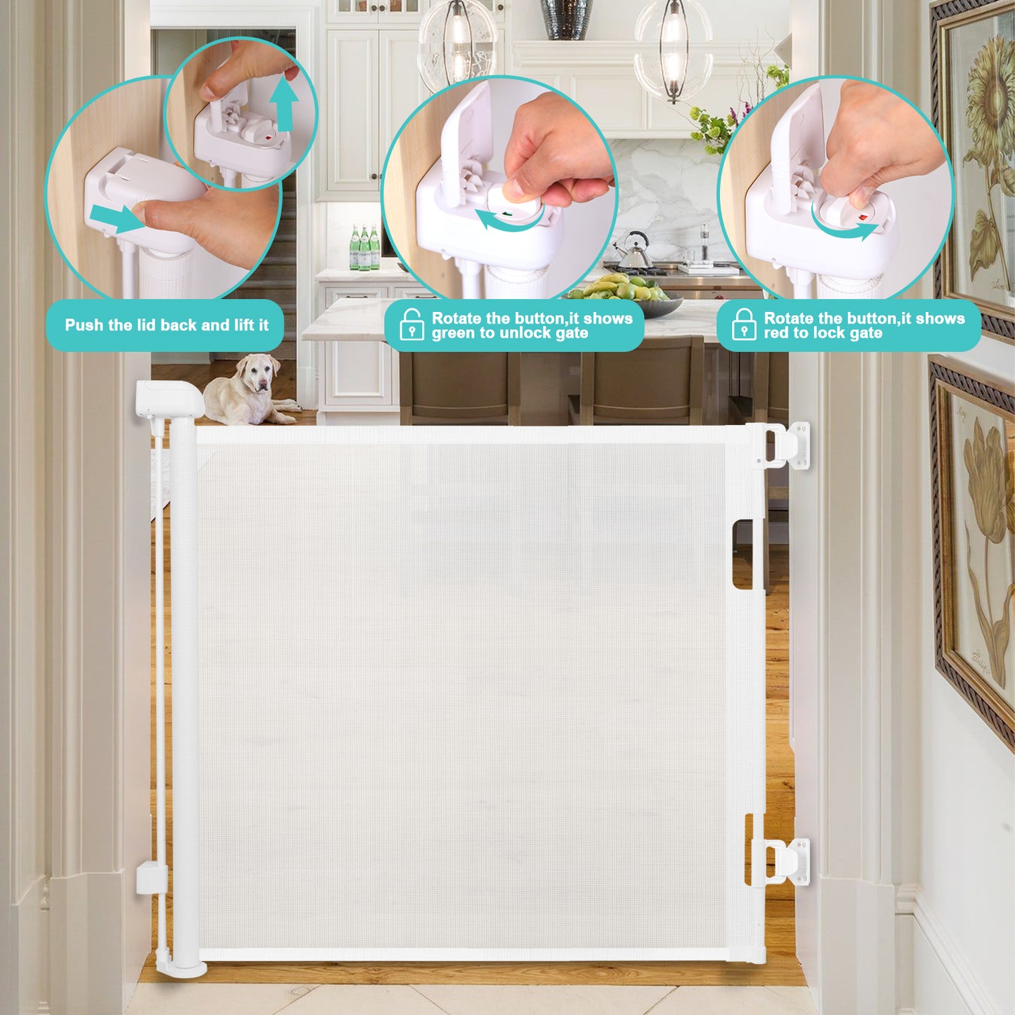 Upgrade 55" Retractable Baby Gate for Stairs, 33" Tall Mesh Baby Gate or Mesh Dog Gate Safety Gate for Doorways, Stairs, Hallways, Indoor/Outdoor(White)