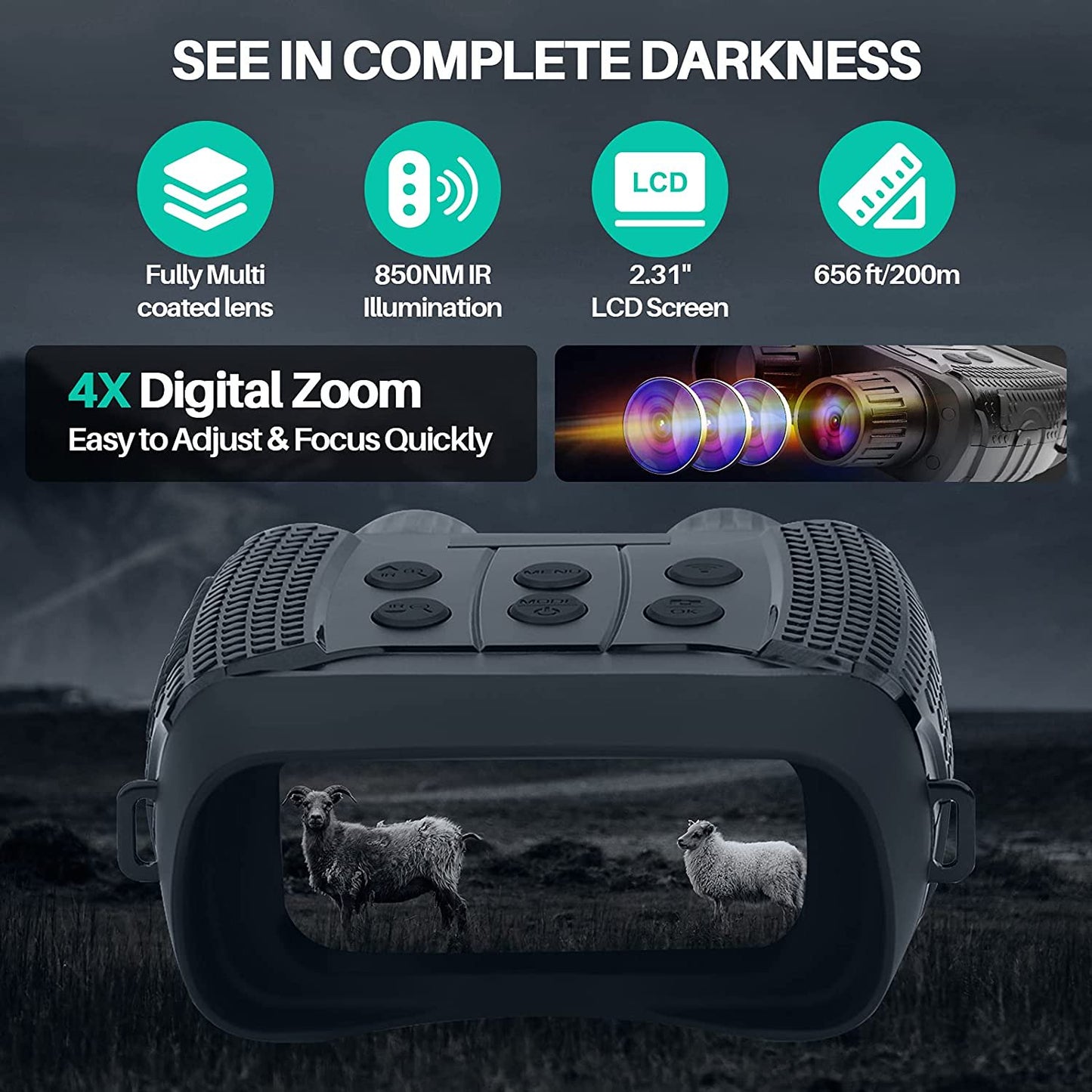Night Vision Goggles -4x Digital Zoom Binoculars with Night Vision for Total Darkness,with 32GB Memory Card Wifi Remote Control for Photo and Video Storage