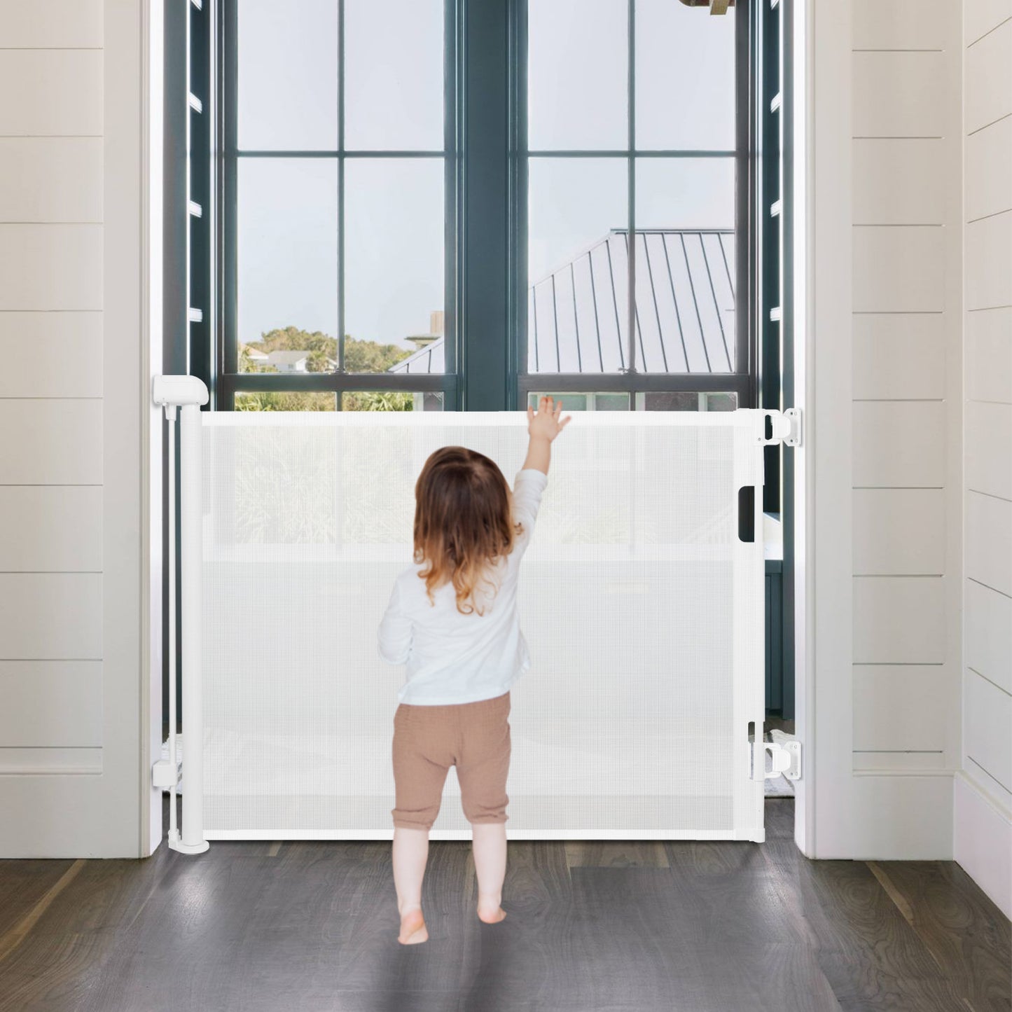 Upgrade 55" Retractable Baby Gate for Stairs, 33" Tall Mesh Baby Gate or Mesh Dog Gate Safety Gate for Doorways, Stairs, Hallways, Indoor/Outdoor(White)