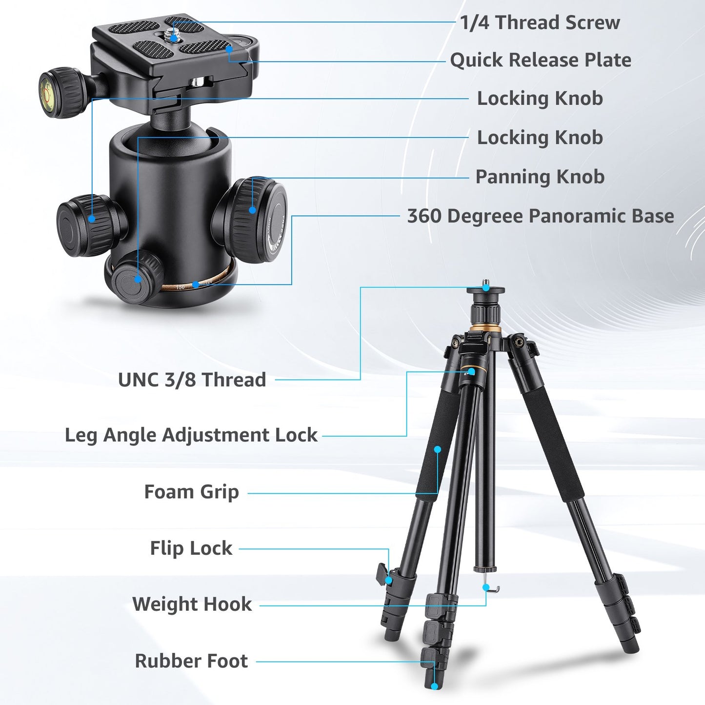 Camera Tripod, DSLR Tripods with 360 Degree Ball Head Load Capacity 8kg/17.6lbs,Cellphone Clip for Smartphone Live Streaming Vlog,Compact Aluminum Lightweight Travel Tripod,64 inch/163cm