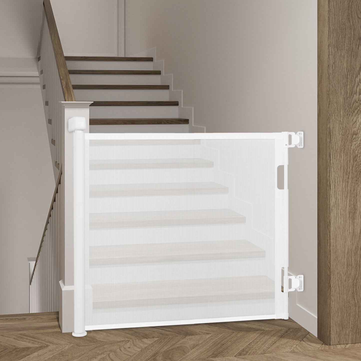 Upgrade 55" Retractable Baby Gate for Stairs, 33" Tall Mesh Baby Gate or Mesh Dog Gate Safety Gate for Doorways, Stairs, Hallways, Indoor/Outdoor(White)