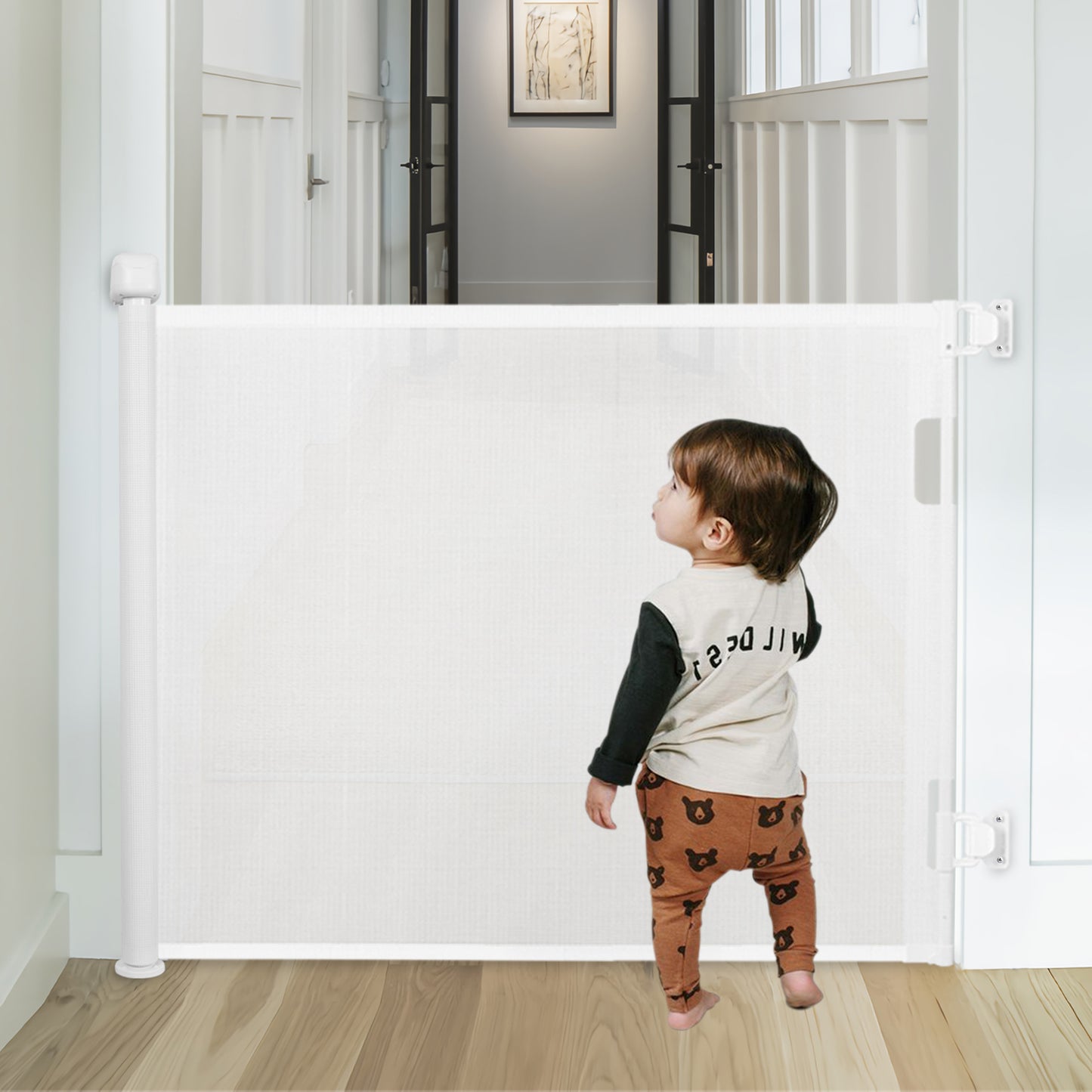 Upgrade 55" Retractable Baby Gate for Stairs, 33" Tall Mesh Baby Gate or Mesh Dog Gate Safety Gate for Doorways, Stairs, Hallways, Indoor/Outdoor(White)