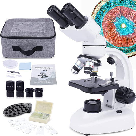 Compound Binocular Microscope, 40X-1000X Dual LED Illumination, with 10X and 25X Eyepiece and Phone Adapter