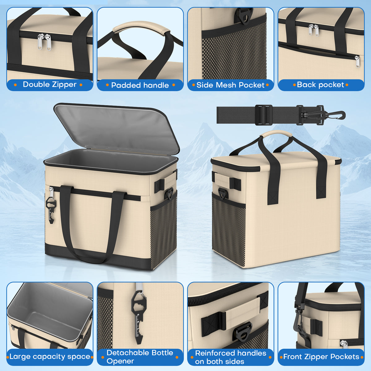 BNISE Insulated Cooler Bag, 24 Can/20L Leakproof Soft Sided Cooler with Shoulder Strap, Foldable Waterproof Tote for Camping Hiking Picnic Beach
