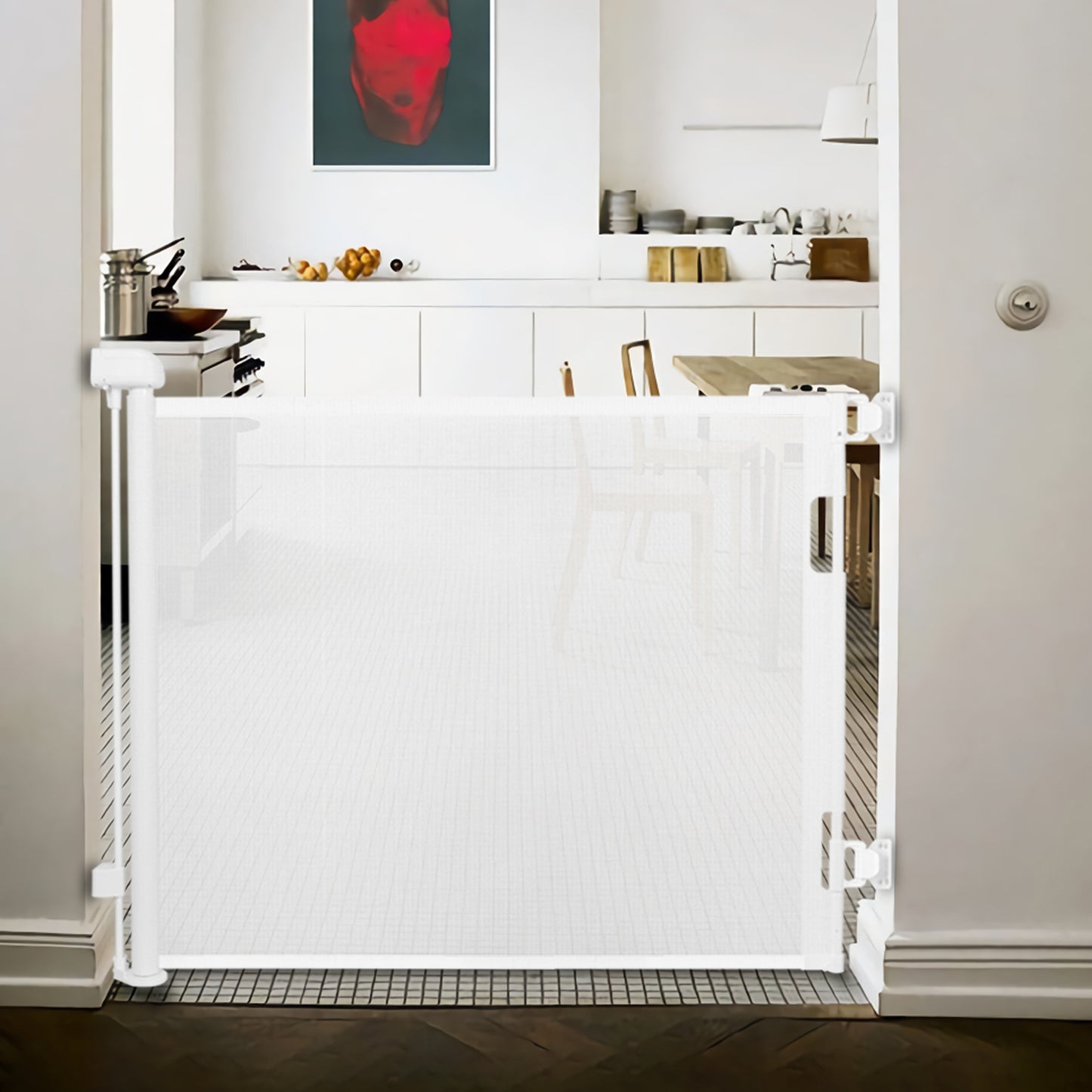 Upgrade 55" Retractable Baby Gate for Stairs, 33" Tall Mesh Baby Gate or Mesh Dog Gate Safety Gate for Doorways, Stairs, Hallways, Indoor/Outdoor(White)