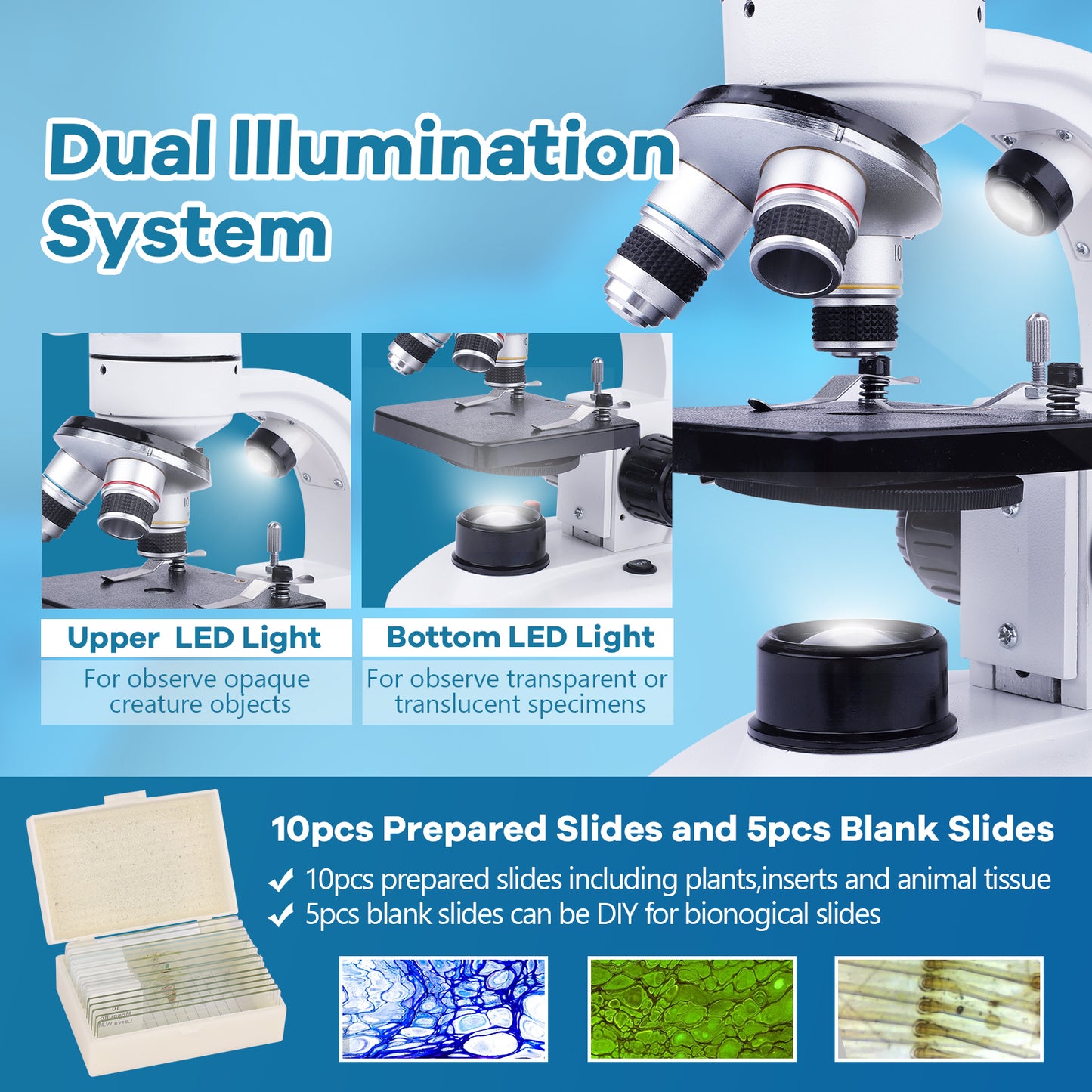 Compound Binocular Microscope, 40X-1000X Dual LED Illumination, with 10X and 25X Eyepiece and Phone Adapter