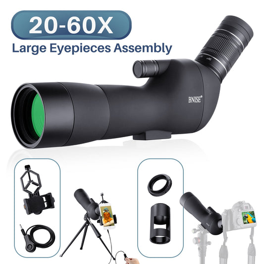 BNISE Spotting Scope for Bird Watching, 20-60x60 Zoom, Waterproof, FMC Coated Optical Lens, for Target Shooting Outdoor Activities, with a Tripod, Phone Adapter,Camera Adapter