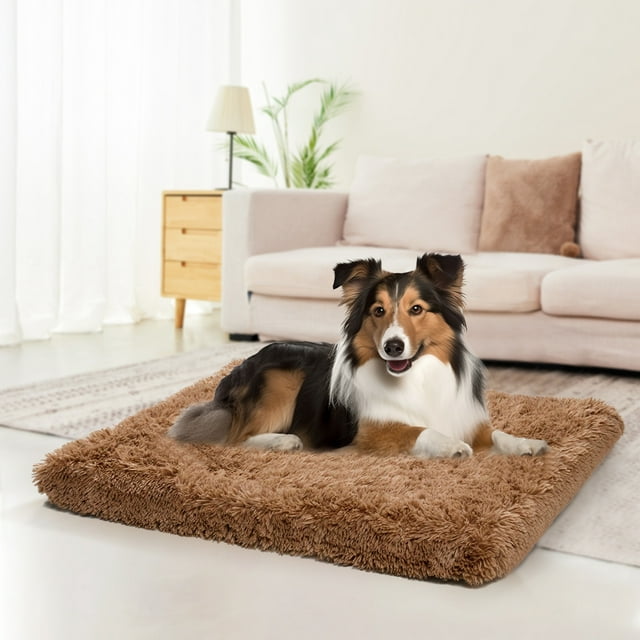 Dog Beds for Medium Large Dogs,Washable Dog Bed Crate Pad,Fluffy Kennel Mat ad Anti-Slip Beds for Dogs Up to 100 lbs,40"x 30" Kahki