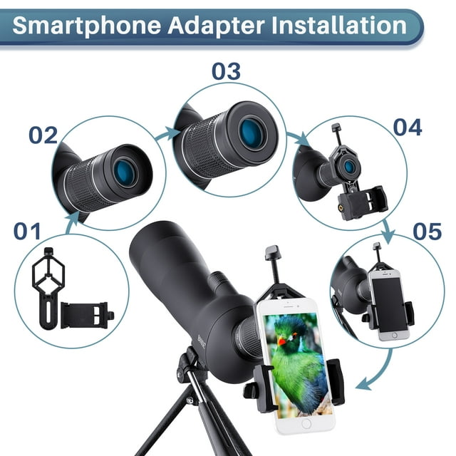 BNISE Spotting Scope for Bird Watching, 20-60x60 Zoom, Waterproof, FMC Coated Optical Lens, for Target Shooting Outdoor Activities, with a Tripod, Phone Adapter,Camera Adapter