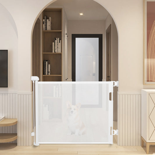 Upgrade 55" Retractable Baby Gate for Stairs, 33" Tall Mesh Baby Gate or Mesh Dog Gate Safety Gate for Doorways, Stairs, Hallways, Indoor/Outdoor(White)