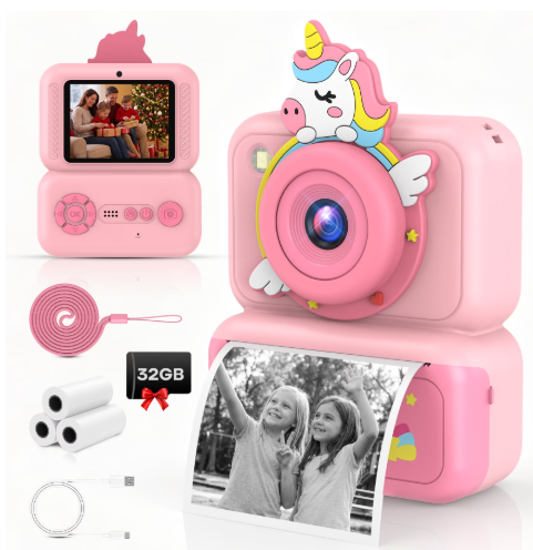 Instant Print Camera for Kids, Christmas Birthday Gifts for Girls Boys, 1080P Instant Digital Print Cameras for Toddler,Portable Toy for 3 4 5 6 7 8 9 10 Year Old Girl with SD Card,Pink