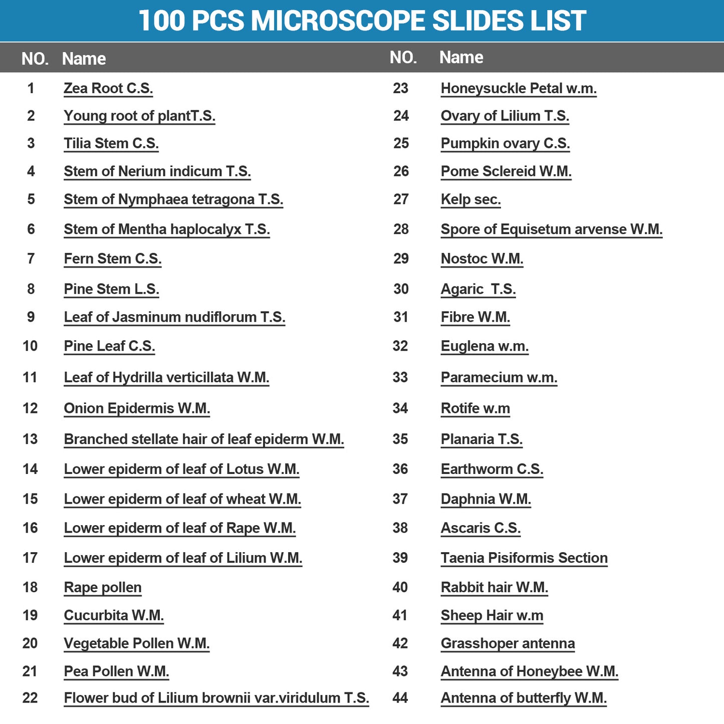 BNISE 100 Microscope Slides with Plant, Insect and Mammalian Specimens for Scientific Research and Observation by Students, Children
