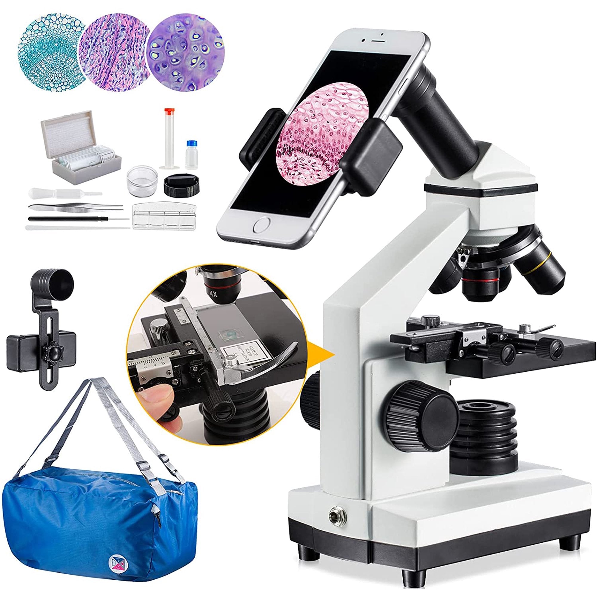 BNISE Kit de microscopio para niños y estudiantes, aumento 40X-2000X, kit  de diapositivas preparadas, iluminación LED dual, óptica de vidrio y