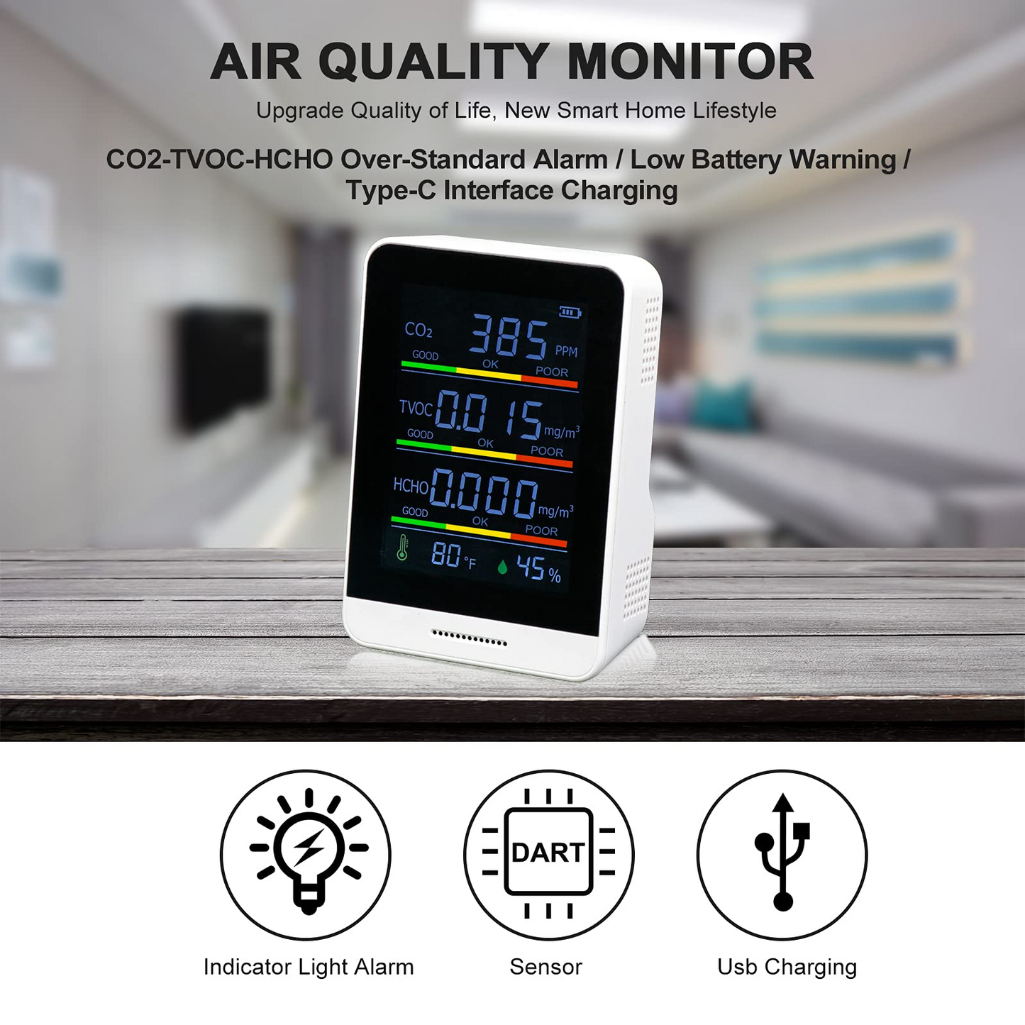 BNISE Co2 Detector Air Quality Monitor Indoor Carbon Dioxide Detector and Alarm Function Temperature & Relative Humidity Sensor Digital Pollution Tester for Wine Cellars Homes Office Car Grow Tents