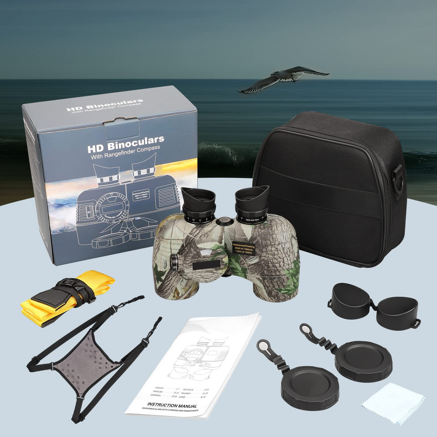 BNISE Marine Binoculars with Compass and Rangefinder for Adults - Waterproof 10x50 HD Binoculars BAK4 Prism FMC Lens, with Harness Strap for Navigation Hunting Bird Watching, Boating