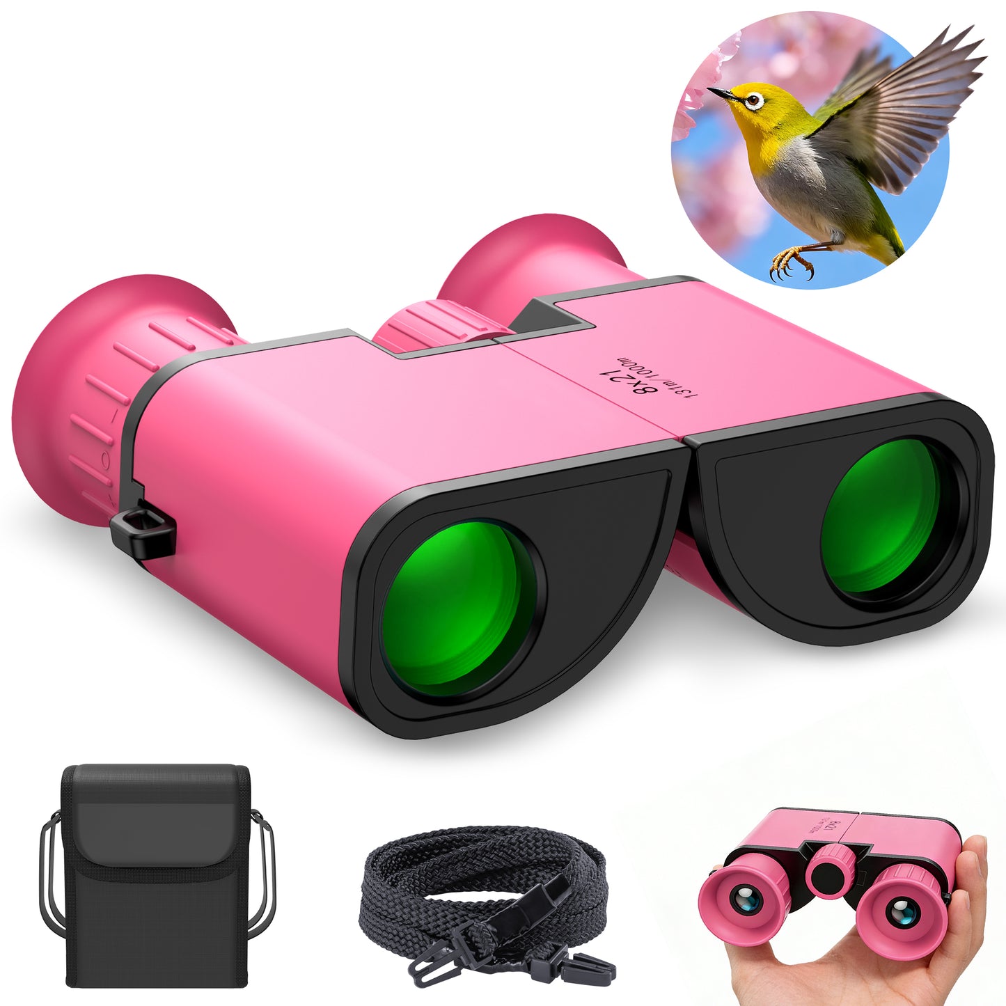 BNISE Kids Binoculars, 8x21 Compact Optics High Resolution BAK4 Prism FMC Lens, Shockproof Outdoor Bird Watching Binoculars for Kids Ages 6-12, Pink