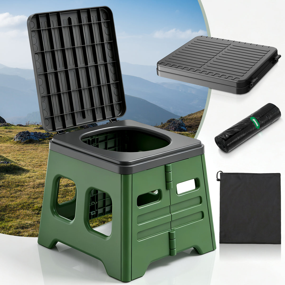 BNISE Portable Camping Toilet with Lid, 330Lbs Folding Toilet with Garbage Bag & Storage Bag, Outdoor Adults Travel Potty for for Camping, RV, Beach, Hiking & Emergency Use