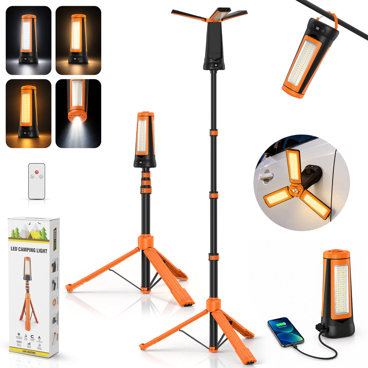 Telescopic Camping Light with 80'' Stand, Solar Rechargeable Work Lantern with 3 Rotatable LED Panels, 7 Light Modes, Magnetic Base & Hook for Camping, Tent, Emergency, Fishing