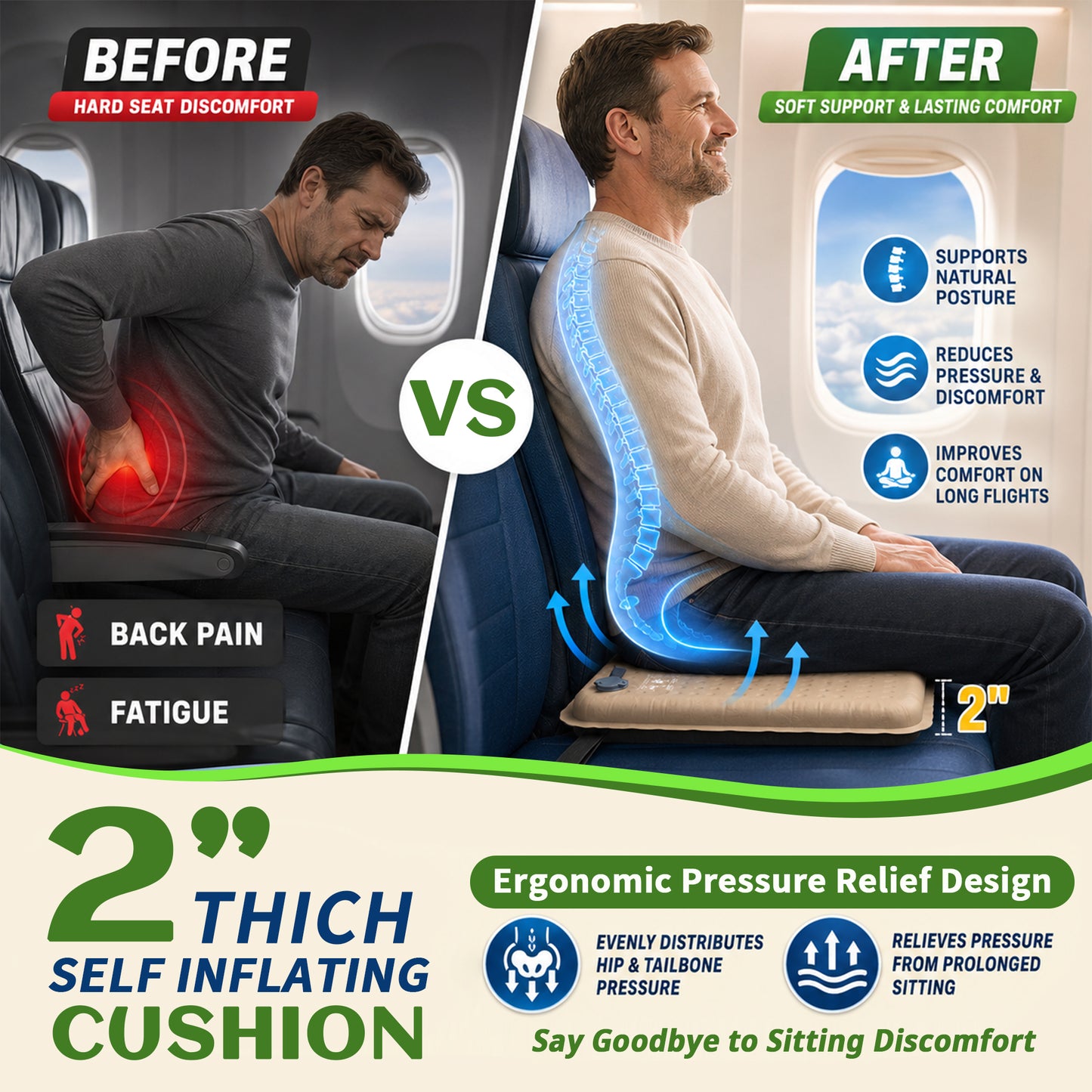BNISE Inflatable Seat Cushion, 2” Self Inflating Memory Foam Pad with Air Valve, Waterproof Non-Slip Portable Cushion for Camping Airplane Travel Stadium Office