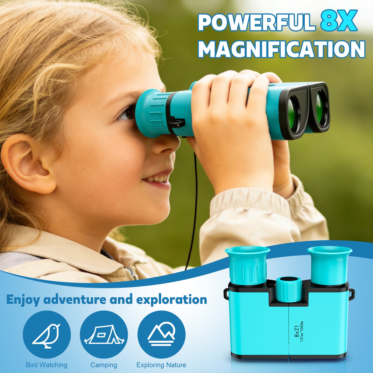 BNISE Kids Binoculars, 8x21 Compact Optics High Resolution BAK4 Prism FMC Lens, Shockproof Outdoor Bird Watching Binoculars for Kids Ages 6-12, Green