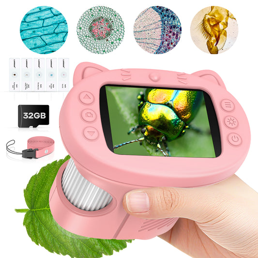 Handheld Microscope for Kids with 2.4" Large Screen, STEM Science Toy Digital Microscope for Boys and Girls Edu Science Kit Gift for Kids-Pink
