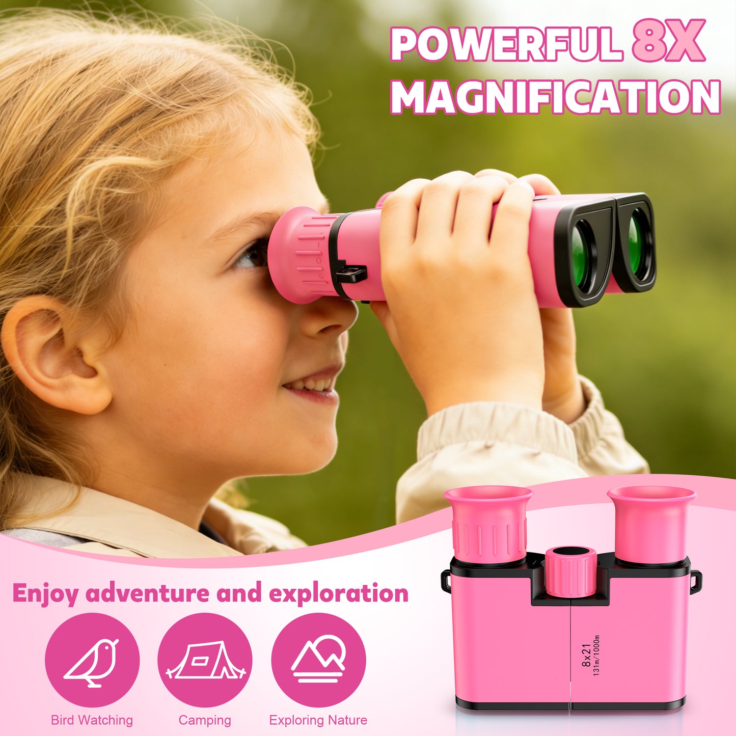 BNISE Kids Binoculars, 8x21 Compact Optics High Resolution BAK4 Prism FMC Lens, Shockproof Outdoor Bird Watching Binoculars for Kids Ages 6-12, Pink