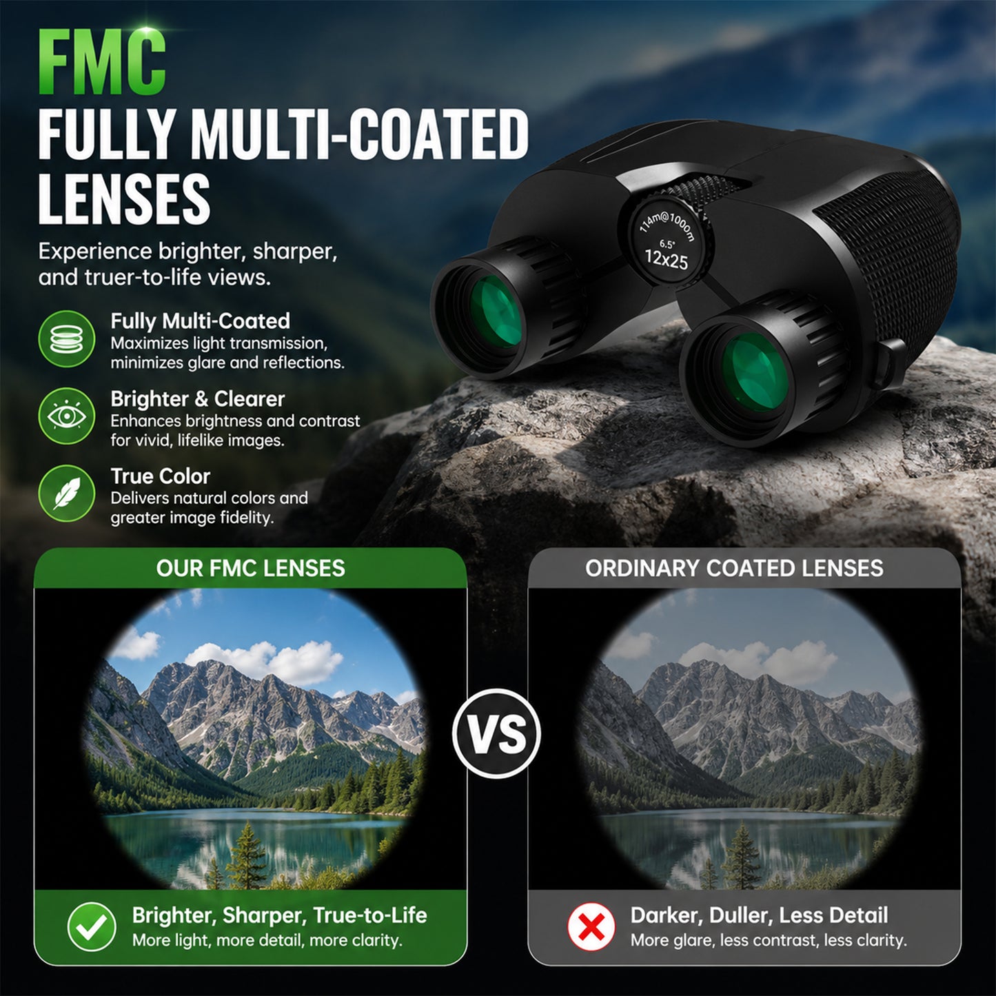 BNISE 12x25 Binoculars for Adults Kids, HD Compact Binoculars with Low Light Vision, BAK4 Prism and FMC Lens, Waterproof for Bird Watching Hunting Camping Travel