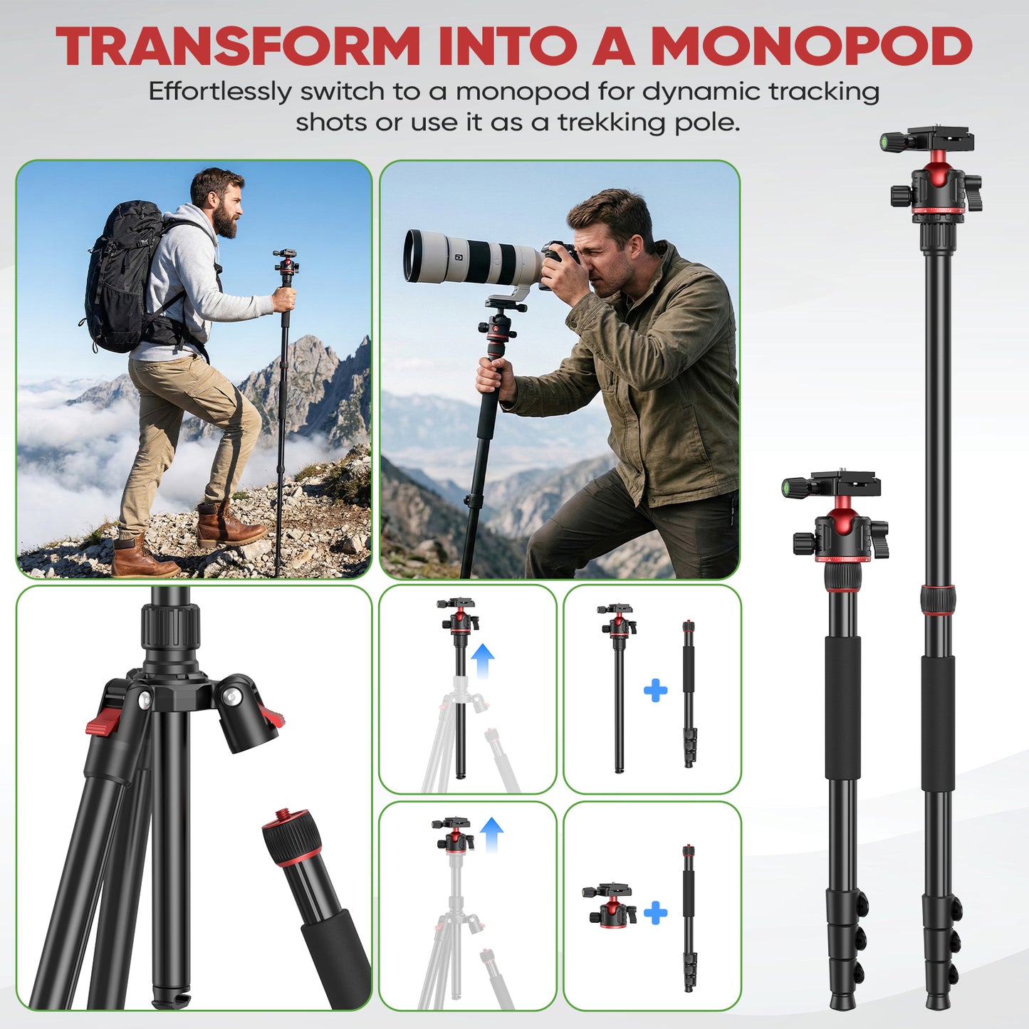 Camera Tripod, Quick-Setup Aluminum DSLR Tripod 67" Monopod-360° Panoramic Metal Ball Head-With Carry Bag,Portable Tripod Phone Adapters,Binoculars Adapters