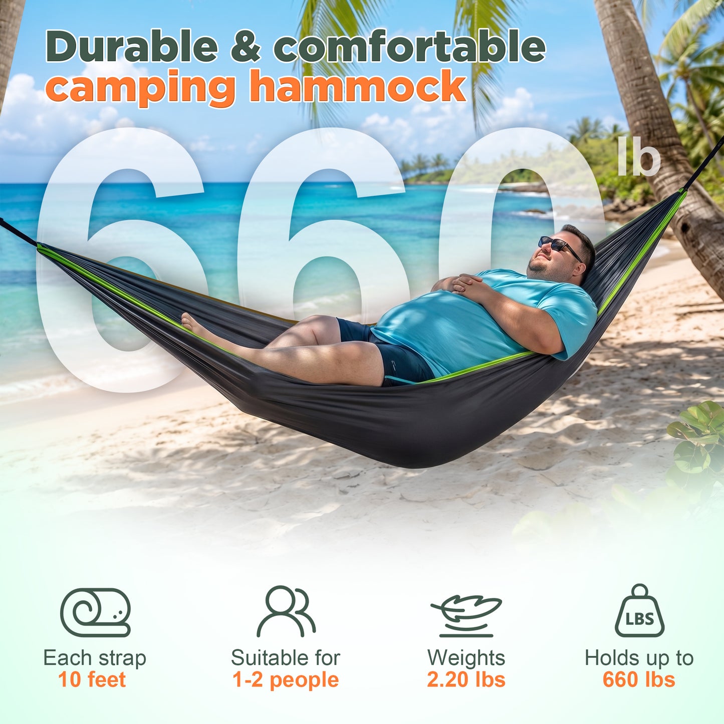 BNISE Double Camping Hammock, 660lbs Portable Nylon Hammock with Two Tree Straps and Carry Bag, Lightweight for Outdoor Camping Hiking Backpacking Travel