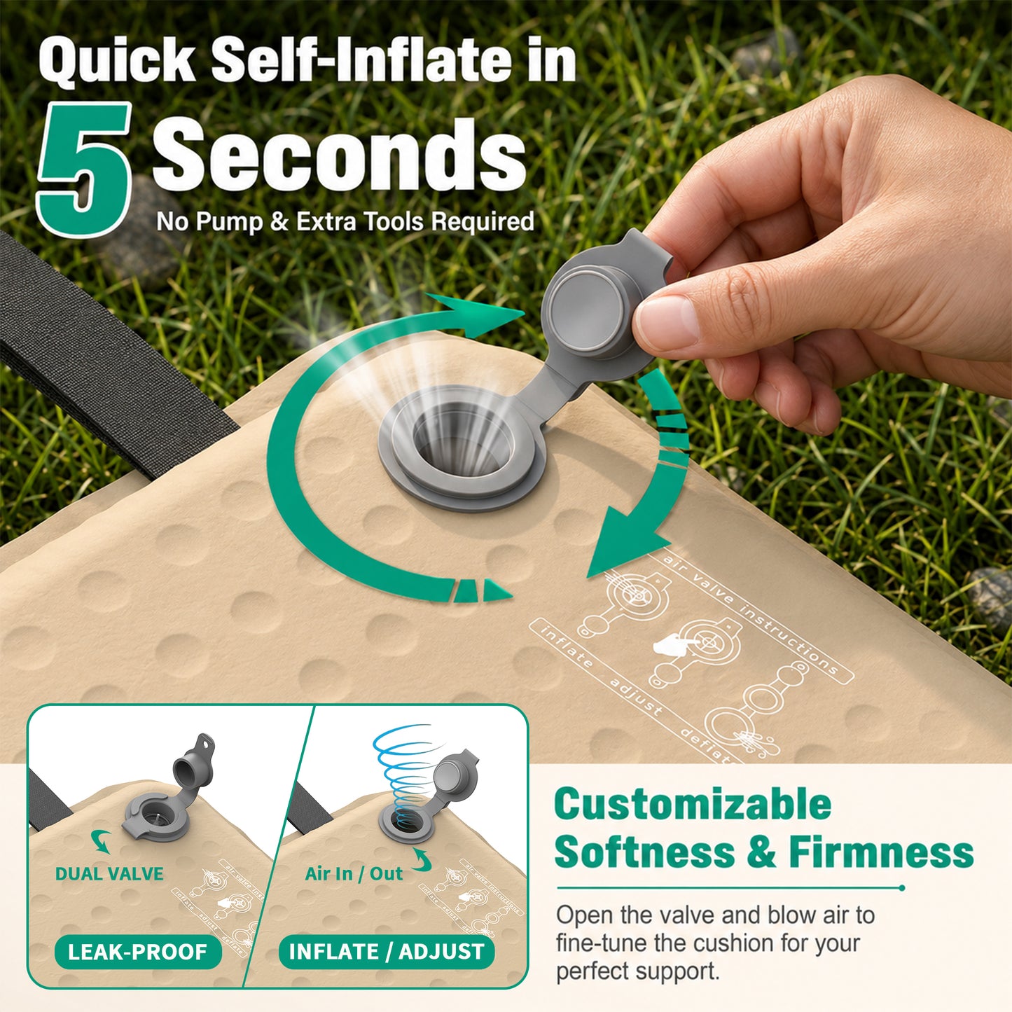 BNISE Inflatable Seat Cushion, 2” Self Inflating Memory Foam Pad with Air Valve, Waterproof Non-Slip Portable Cushion for Camping Airplane Travel Stadium Office