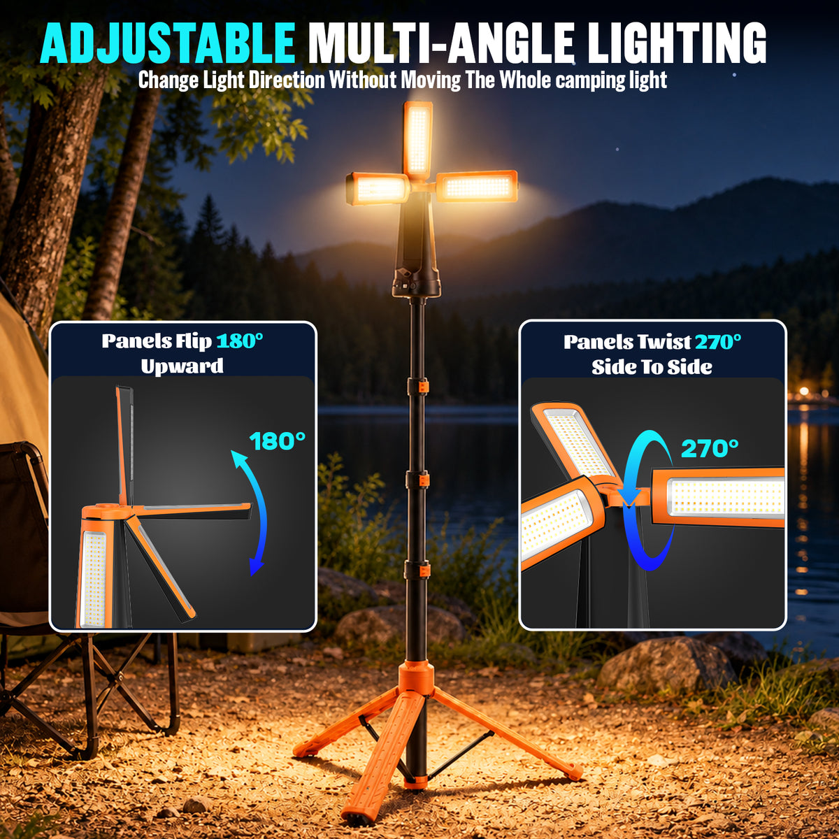 Telescopic Camping Light with 80'' Stand, Solar Rechargeable Work Lantern with 3 Rotatable LED Panels, 7 Light Modes, Magnetic Base & Hook for Camping, Tent, Emergency, Fishing