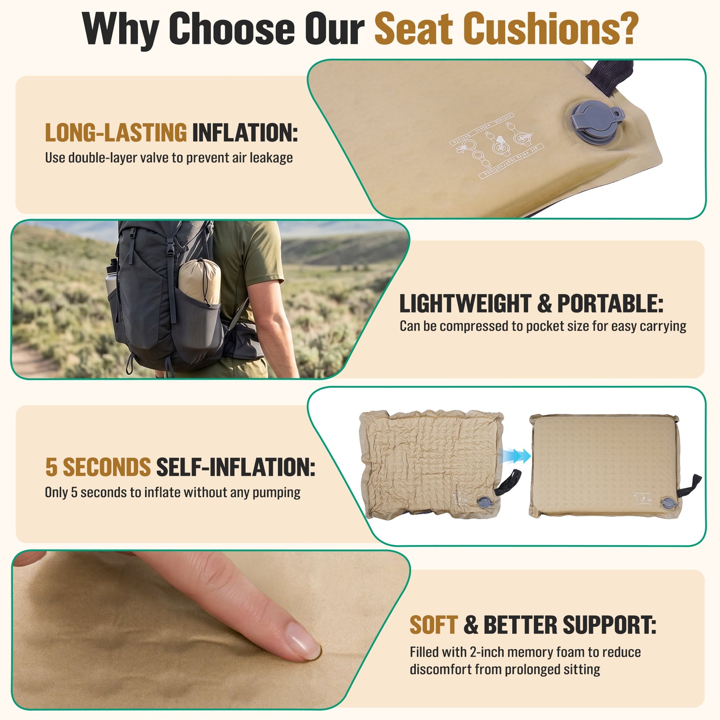 BNISE Inflatable Seat Cushion, 2” Self Inflating Memory Foam Pad with Air Valve, Waterproof Non-Slip Portable Cushion for Camping Airplane Travel Stadium Office