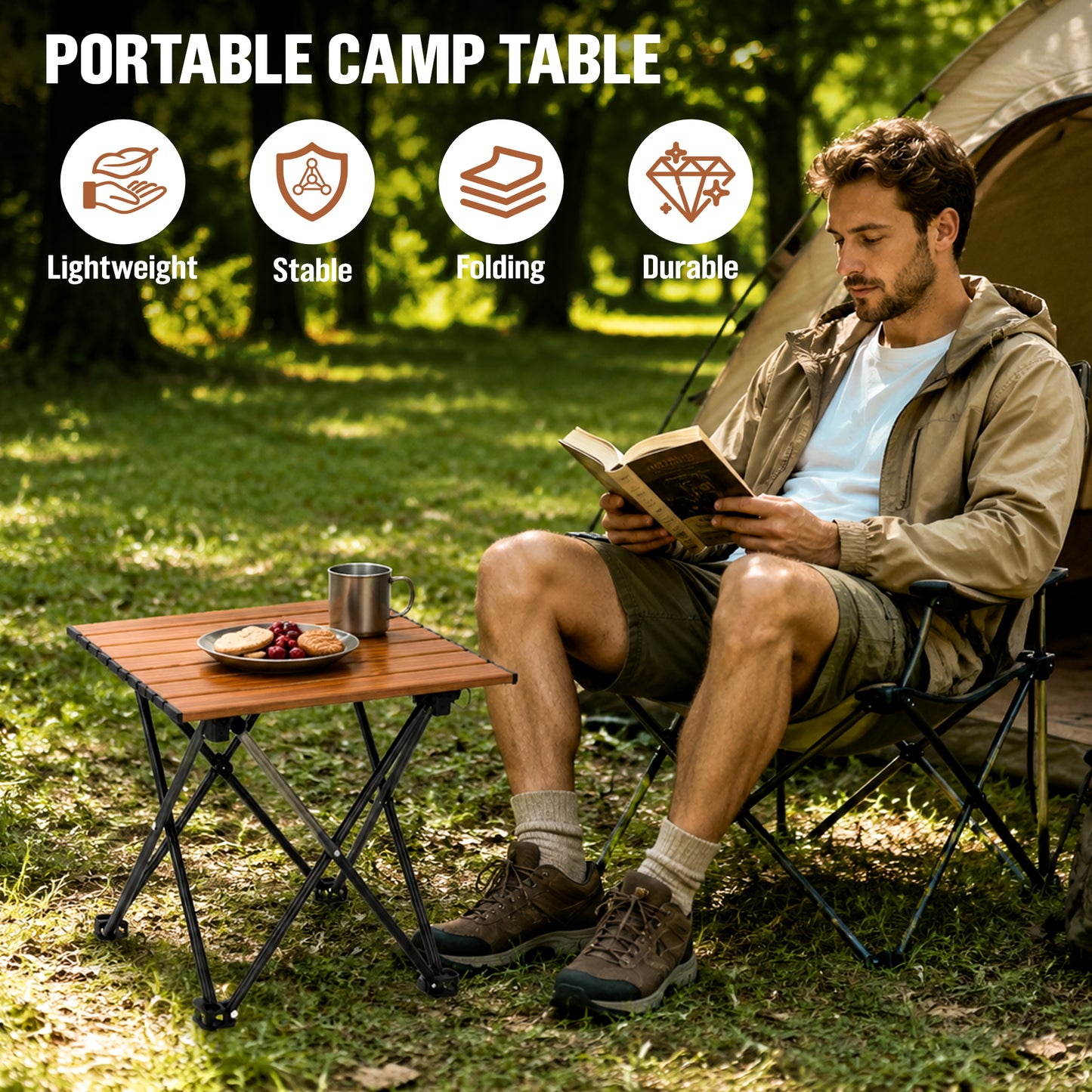 BNISE Folding Camping Table 141 lbs Capacity, Carbon Steel Portable Camp Table with Carry Bag, Lightweight Outdoor for Camping Picnic bbq Beach RV Travel