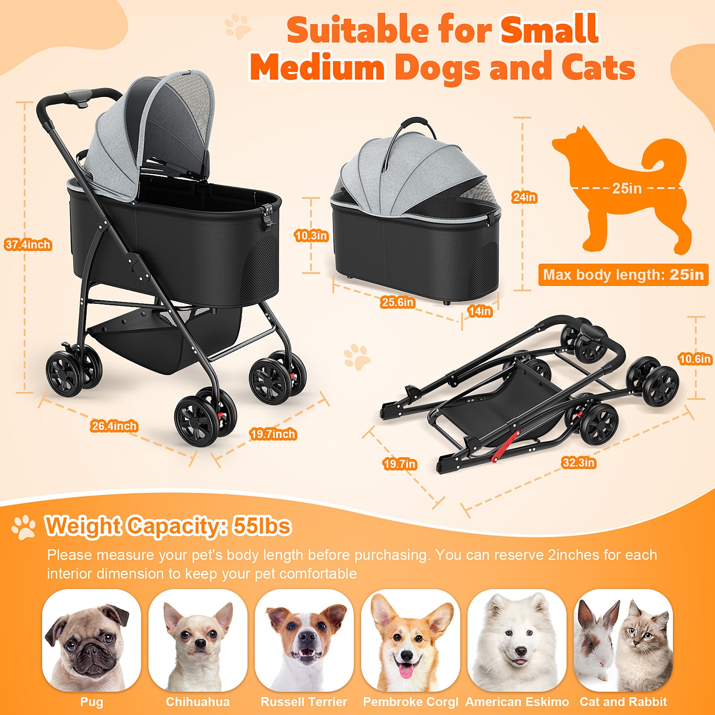 et Stroller with 4 Wheels, 3-in-1 Folding Dog Cat Stroller, Removable Travel Carrier for Small Medium Pet up to 55lb