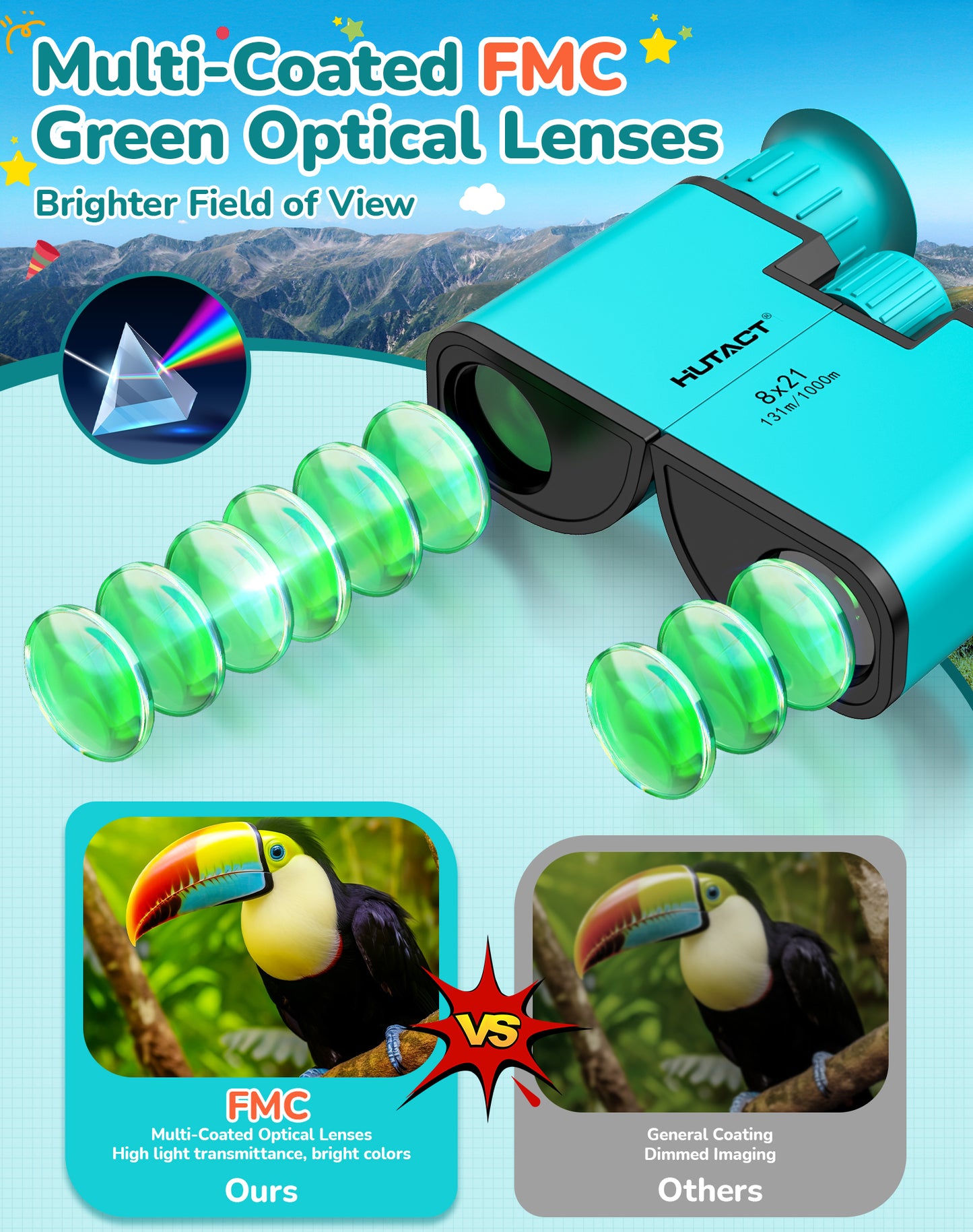 BNISE Kids Binoculars for Ages 6–12, Compact 8x21 Binoculars for Bird Watching and Outdoor Exploration, Small Binoculars with BAK4 Optics, Carry Bag & Neck Strap (Green)