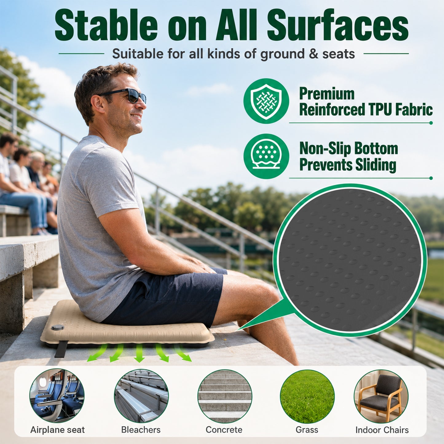BNISE Inflatable Seat Cushion, 2” Self Inflating Memory Foam Pad with Air Valve, Waterproof Non-Slip Portable Cushion for Camping Airplane Travel Stadium Office
