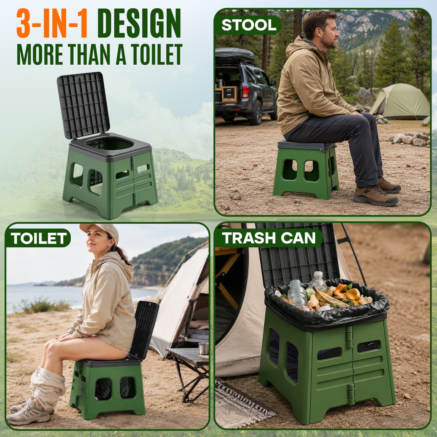 BNISE Portable Camping Toilet with Lid, 330Lbs Folding Toilet with Garbage Bag & Storage Bag, Outdoor Adults Travel Potty for for Camping, RV, Beach, Hiking & Emergency Use