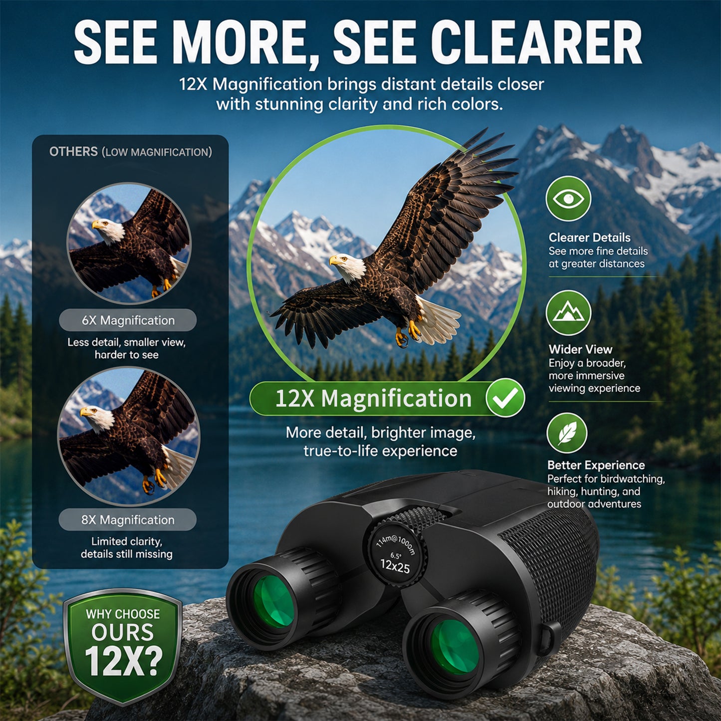 BNISE 12x25 Binoculars for Adults Kids, HD Compact Binoculars with Low Light Vision, BAK4 Prism and FMC Lens, Waterproof for Bird Watching Hunting Camping Travel